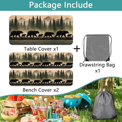 Picnic Table Cover with Bench Covers and Bag, Forest Mountain Bear Wooden Waterproof Windproof, Fitted Tablecloth Cover with Elastic Edge, for Indoor & Outdoor, Garden, Camping, 3 PCS 30x96 Inch