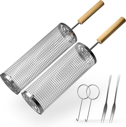 Sorbus Rolling BBQ Basket for Outdoor Grill - Stainless Steel Large Folding Barbecue Grilling Basket with Handle, Portable BBQ Accessories for Fish, Shrimp, Vegetables, Grilling Accessories, Gifts for Outdoor Cooking Camping (Round 2 Pack)