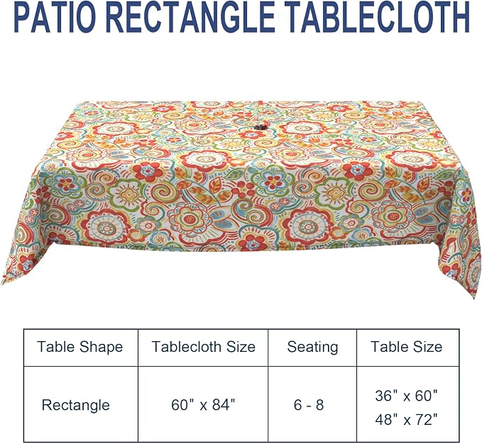 Outdoor Rectangle Tablecloth, 60×84 Inch Water Repellent Picnic Table Cover with Umbrella Hole Zipper for Patio Family Meal, Flower Multi