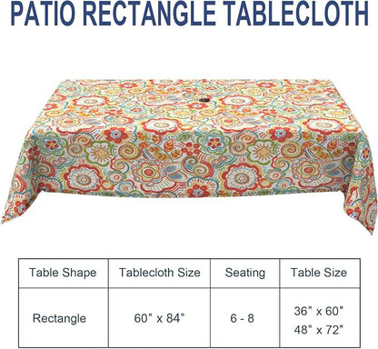 Outdoor Rectangle Tablecloth, 60×84 Inch Water Repellent Picnic Table Cover with Umbrella Hole Zipper for Patio Family Meal, Flower Multi