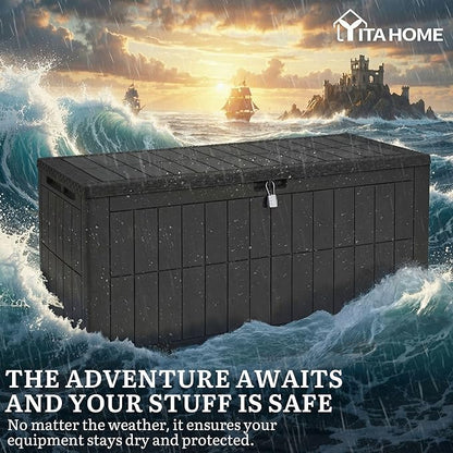 YITAHOME 134 Gallon Large Outdoor Storage Box with Lock, Waterproof Deck Box with Hydraulic Piston for Garden Tools, Pool Accessories & Cushions, Resin Deck Organizer with Bench Seat(Black)