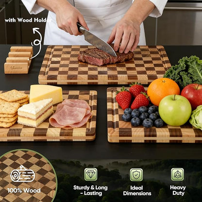3 Pack Checkered Wood Cutting Board Set Cutting Boards for Kitchen Non Slip Acacia Wood Chopping Board with Juice Grooves & Handles Wooden Chopping Board Butcher Block End Grain