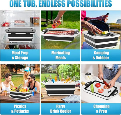 HI NINGER BBQ Prep Tub with Lid, Collapsible Camping Sink with Colander, Cutting Board & Knife Set for Grilling, Smoking & Outdoor Cooking, Collapsible Wash Basin for RV Camping Essentials