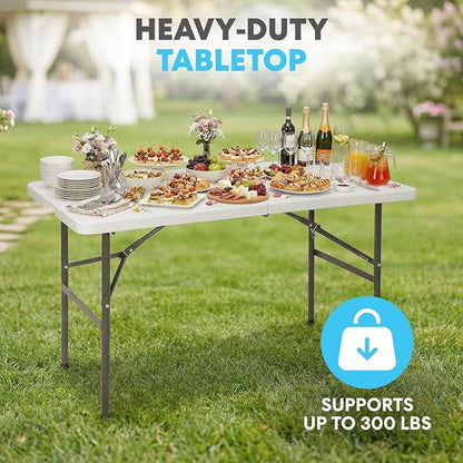 SIMPLI-MAGIC 4ft Plastic Folding Table, Indoor Outdoor Heavy Duty Portable/Handle, Lock for Picnic, Party, Camping - White