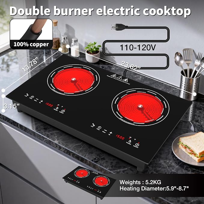 VBGK Electric Cooktop,24 Inch Electric Stove Top 110V 3000W with LED touch Control,8 Power Levels, Kids Lock & 4H Timer,Overheat Protection stove,2 burner cooktop