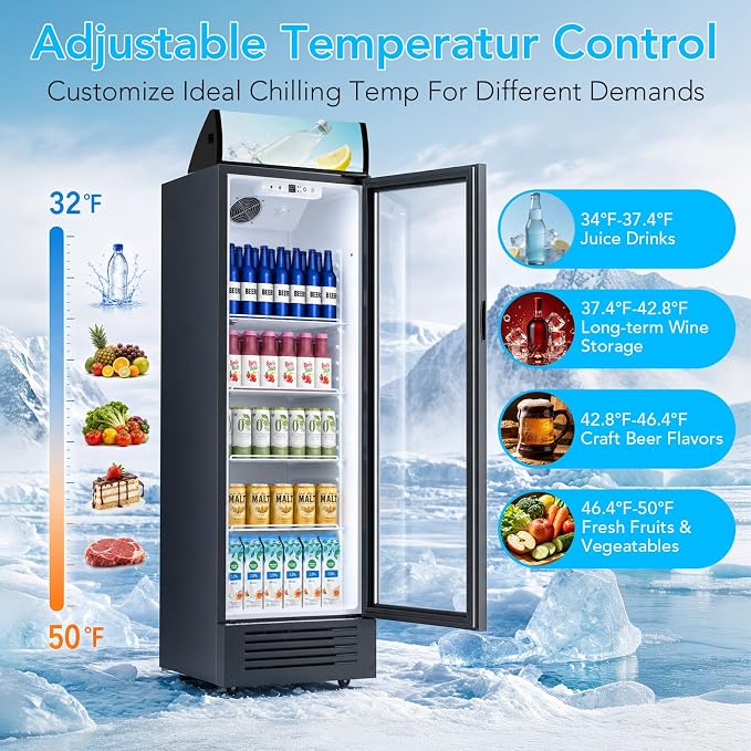 Electactic 9.1 Cu.Ft Commercial Refrigerators, Display Refrigerator with Double-Tempered Glass Door, Commercial Display Fridge with 4 Adjustable Shelves & LED Light, for Shops, Restaurants, Bars
