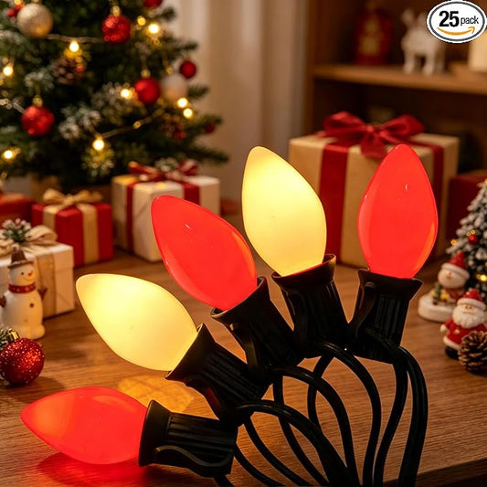 26Ft C7 LED Red and White Christmas Lights, Vintage Christmas Decorations with 27 LED Ceramic Bulbs, Connectable Hanging String Lights for Holiday Party Patio Roofline House Xmas Decor, Green Wire