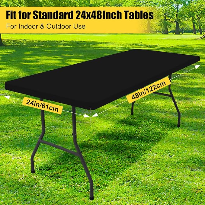 Smiry Rectangle Tablecloth, Elastic Fitted Flannel Backed Vinyl Tablecloths for 4ft Folding Tables, Waterproof Wipeable Table Covers for Indoor, Outdoor, Camping and Picnic (Black, 24"x48")