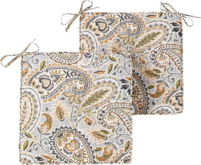 Outdoor 18 inch Square Patio Dining Chair Pads – Comfortable Fiber-Filled Seat Cushions with Ties, Reversible Polyester Fabric - Arctic Paisley, Set of 2