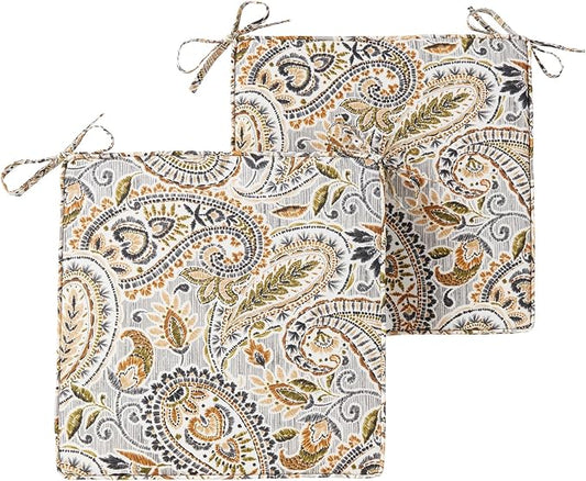 Outdoor 18 inch Square Patio Dining Chair Pads – Comfortable Fiber-Filled Seat Cushions with Ties, Reversible Polyester Fabric - Arctic Paisley, Set of 2