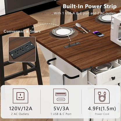 Bellemave 58" Farmhouse Kitchen Island cart with Charging Station and with Storage, Sliding Barn Door & Metal Grid Side Door, Rolling Kitchen Island Table with 5 Wheels with Spice Rack, White
