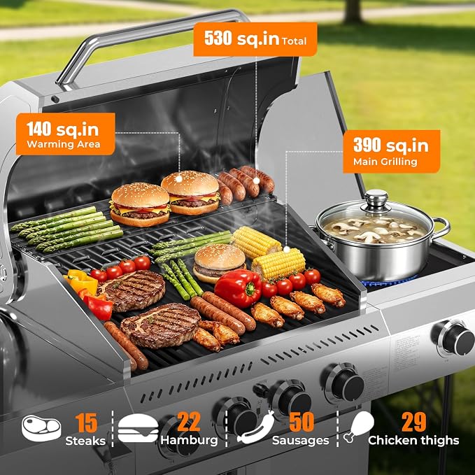 Kismile 4-Burner Propane Gas Grill with Side Burner, Stainless Steel 42,000 BTU BBQ Grill, Enameled Baking Rack & Enamel Grates, Barbecue Grill for Outdoor Cooking, Backyard, Patio, Deck Camping