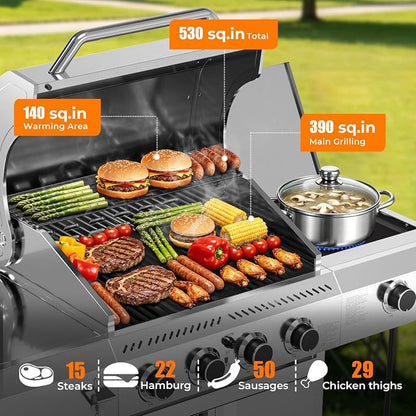 Kismile 4-Burner Propane Gas Grill with Side Burner, Stainless Steel 42,000 BTU BBQ Grill, Enameled Baking Rack & Enamel Grates, Barbecue Grill for Outdoor Cooking, Backyard, Patio, Deck Camping