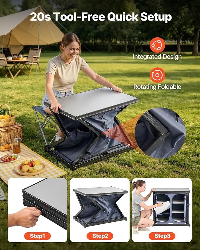 VEVOR Folding Camping Storage Cabinet, Outdoor Portable Aluminum Lightweight Table, Quick Set-up Compact Kitchen Cook Station, with 6 Shelves and Carry Bag, for Picnic, BBQ, Camping, RV Traveling