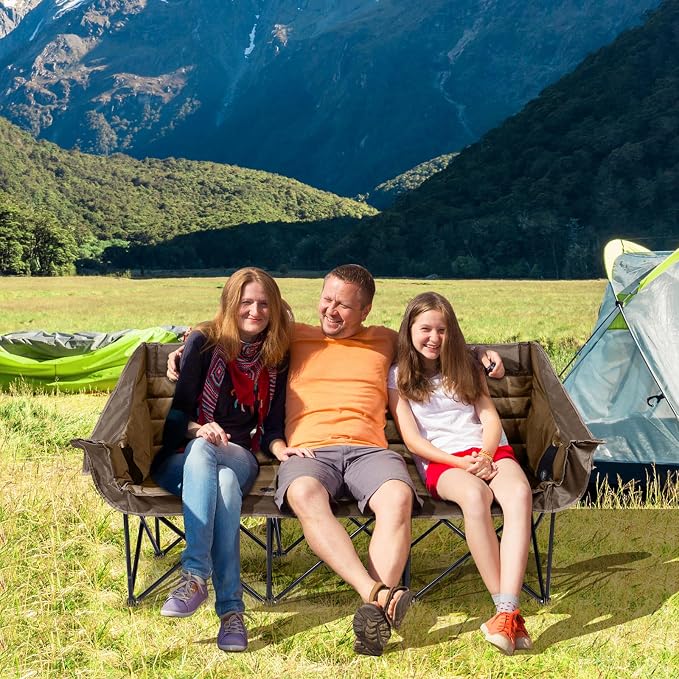 Huskfirm 3 Person Camping Chairs Folding Double Camp Chair for Adults Brown | Oversized Loveseat Camping Chair Padded Heavy Duty Camping Couch for Outdoor Lawn with Two Cup Holders and Carry Bag