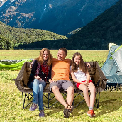 Huskfirm 3 Person Camping Chairs Folding Double Camp Chair for Adults Brown | Oversized Loveseat Camping Chair Padded Heavy Duty Camping Couch for Outdoor Lawn with Two Cup Holders and Carry Bag