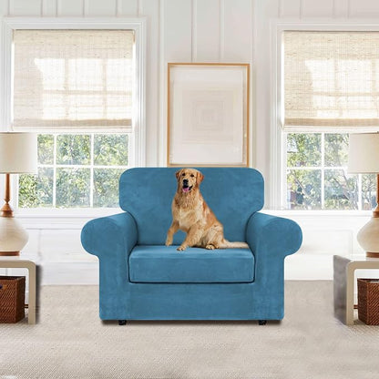 WEERRW Velvet Stretch 2 Pieces Chair Sofa Slipcovers Washable, Peacock Blue | Armchair Slipcovers Luxury Soft Velvet Plush Furniture Protector Couch Cover with Elastic Bottom for Kids Pets, Small