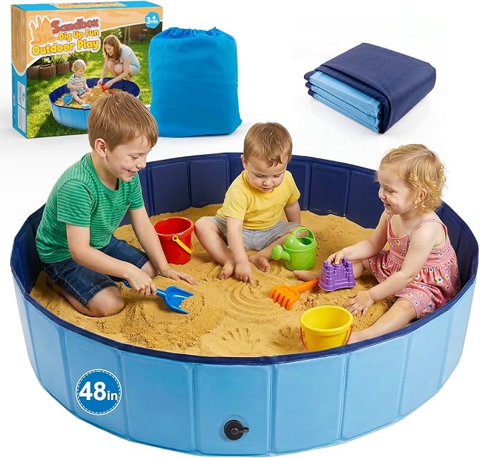 Aywewii 48'' Large Sandbox for Kids, Foldable Sand Box for Outdoor Indoor | No Tools Unfold & Play, Easy to Clean with Drain Cap, Portable Carry Bag, Sand Pit for Yard Patio Park Beach Camping, Gifts
