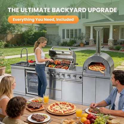 112-Inch Stainless Steel Outdoor Kitchen Island, Natural Gas BBQ Grill with Standalone Side Burner Pizza Oven, Rotisserie, Refrigerator, Granite Countertop, Storage Cabinets & Drawers 108000 BTU