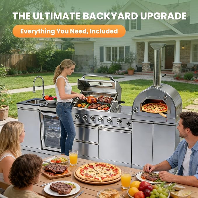 112-Inch Stainless Steel Outdoor Kitchen Island, Propane BBQ Grill with Standalone Side Burner Pizza Oven, Rotisserie, Refrigerator, Granite Countertop, Storage Cabinets & Drawers 108000 BTU