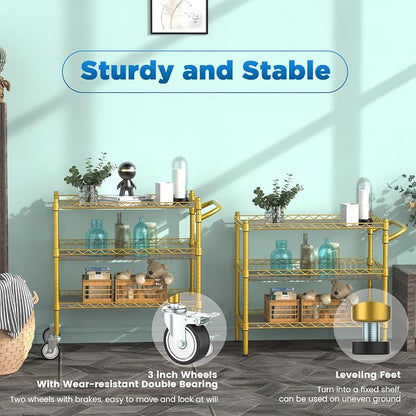 Leteuke 3 Tier Rolling Carts with Wheels, Heavy Duty Rolling Utility Cart | NSF Commercial Grade Metal Cart with Handle&Shelf Liner,Trolley Serving Cart for Kitchen,Restaurant,Plant Display,Gold