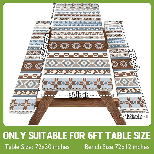 Fitted Picnic Table Cover with Bench Covers Fitted Rectangle Table Cloth Tablecloth Camping Gear Essentials Rv Accessories Road Trip Supplies Car Travel Must Have 6 Ft Foot Feet 72in Boho Bohemian