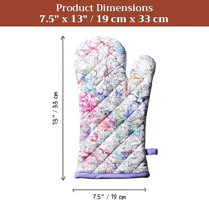 Maison d'Hermine Oven Gloves 100% Cotton Oven Mitt 7" x 13" with Loop Heat Resistant BBQ Cooking Gloves Baking Grilling Kitchen Hotel Home Farmhouse Spring Summer (Pack of 1, Floral Love)