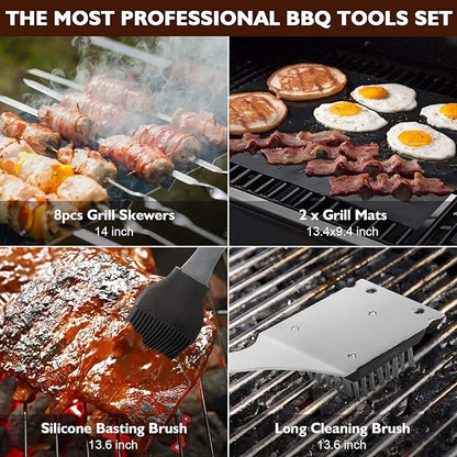 Grill Set, Grilling Gifts for Men, 34PCS BBQ Tools Accessories for Outdoor Grill with Aluminum Case, Spatula,Tongs &Skewers,Smoker Accessories for Birthday, Dad, Wedding