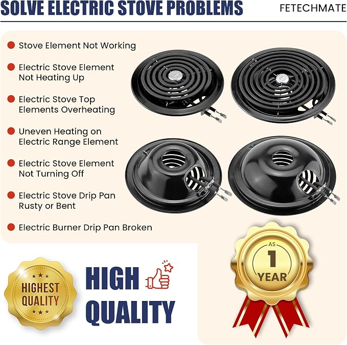 Electric Stove Burners and Porcelain Drip Pans Set Compatible with G-E Hot-point Stoves, Includes WB31M20 WB31M19 Black Stove Drip Pans & WB30M1 WB30M2 Electric Range Burner Elements by Fetechmate