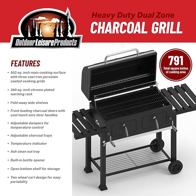 OLP8510CG Extra Large Dual Zone Charcoal Grill, 790 Square Inch Cooking Surface, With Thermometer and Warming Tray, Black