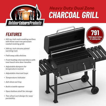 OLP8510CG Extra Large Dual Zone Charcoal Grill, 790 Square Inch Cooking Surface, With Thermometer and Warming Tray, Black