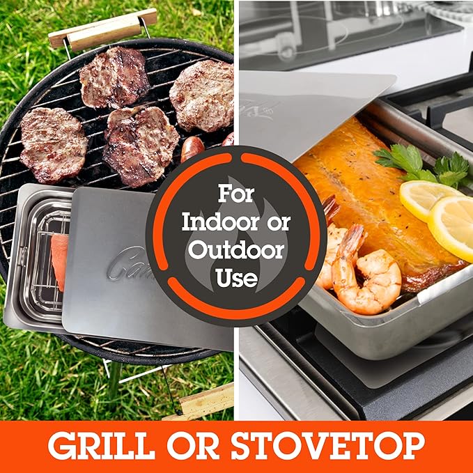 Camerons Original Stovetop Smoker, Oak, Apple, Hickory Wood Chips & Recipes | Stainless Steel Barbecue Smoker Box Use Indoor Outdoor on Any Heat for Smoking Meat, Veggies & Seafood, Grilling Gift for Men