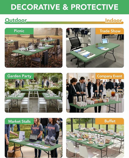 Fitted Tablecloth Rectangle Table Cloths with Elastic, 6 ft, Sage, 6 Pack | For Outdoor Picnic Camping Party 6 foot Folding Spandex Table Covers, Water-Resistant, Windproof, Reusable, 72"L x 30"W