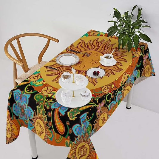 Vintage Boho Sun Tablecloth Wildflower Floral Bohemian Hippie Sun Table Cloth Water Resistant Wipeable Table Cover for Farmhouse Picnic Party Holiday Kitchen Dinner Table 55"x55"