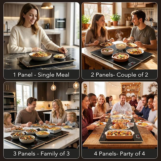 Electric Warming Tray for Buffet Party - 4 Panels Electric Glass Top Heating Plate, 8 Level Temp Control Easy Clean Surface Overheat Protection and Timer: for Busy Hosts Party Dinners and Holiday Meal