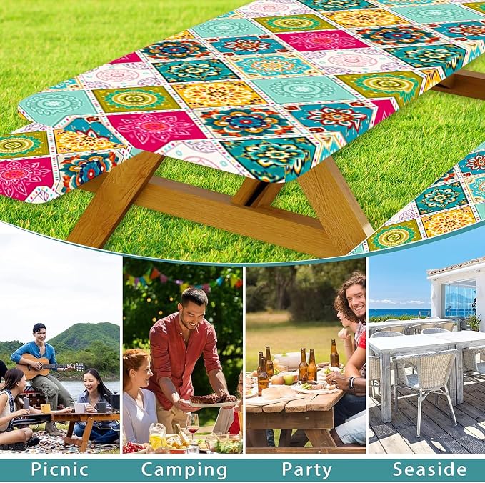 Boho Picnic Table Cover with Bench Covers and Bag, Camping Essentials, Bohemian Mandala Waterproof Washable Fitted Camping Tablecloths with Elastic Edges for Outdoor & Garden, 3 Pcs Set 30x96 Inch