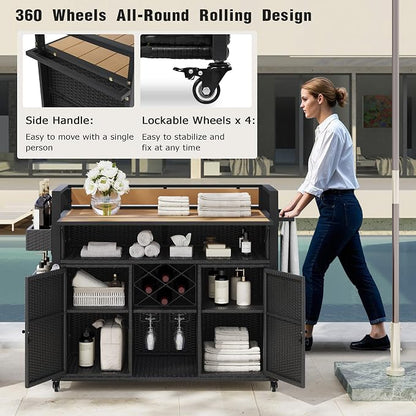 YOPTO Outdoor Grill Cart with Foldable Design,7-Tier Shelves,Lockable Wheels,Wine Rack & Weather-Resistant Wicker Rattan for Indoor/Outdoor Use,Black Brown