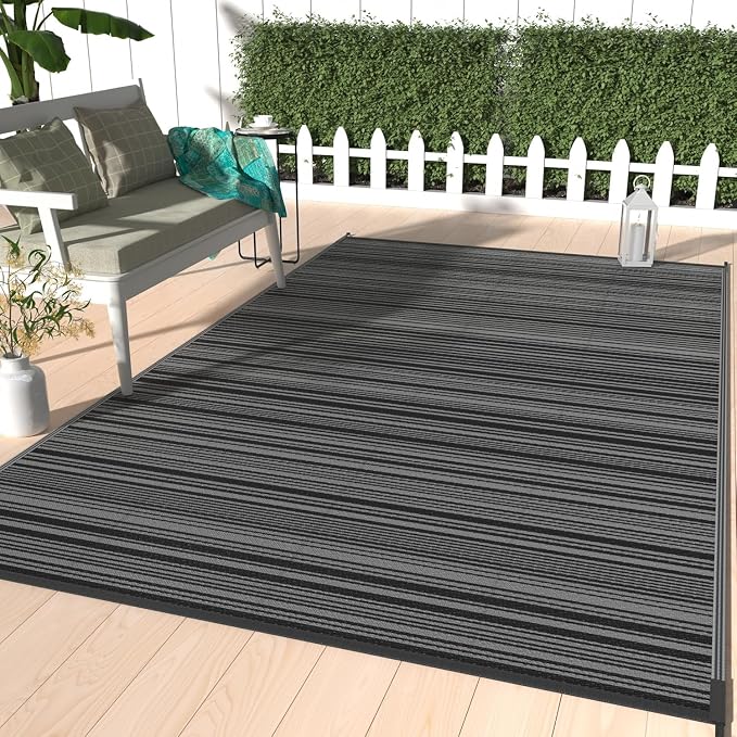 GENIMO Outdoor Rug, Waterproof Plastic Rugs for Patio, 6'x9' Light Grey | Outside Larger Modern Carpet Mat for Porch Decor, Deck, Balcony, Camping, RV, Backyard, Picnic, Beach, Reversible, Foldable