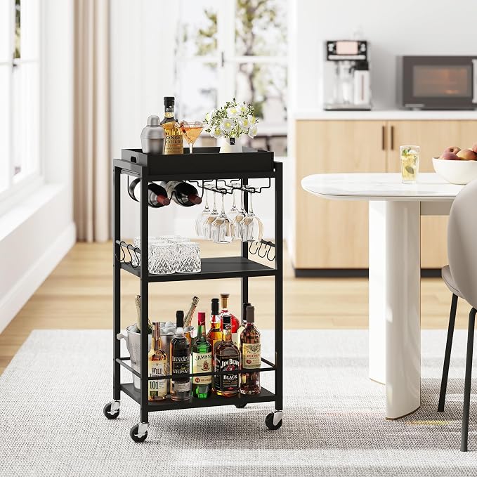 TUTOTAK Bar Cart with Wheels, Mini Drink Cart with Wine Rack & Glass Holder | 3-Tier 17 Inch Wide Home Bar Serving Carts, Small Mobile Kitchen Shelf with 6 Hooks, Black BC01BK036