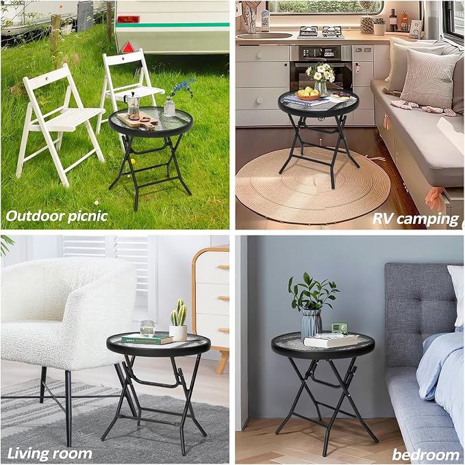 Foldable Side Table with Tempered Glass Top, 2 Pack Black & White | 18" Small Patio Side Tables Outdoor for Porch Yard Balcony Deck Lawn Garden