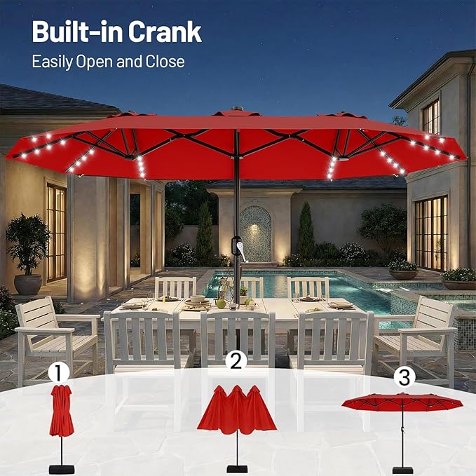 AreShark 13 FT Patio Umbrella with Solar Lights, Double-Sided Outdoor Table Umbrellas with Crank, Large Rectangular Market Umbrella for Porch, Lawn, Pool, Backyard, Red