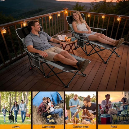 Suteck Camping Chair with Foot Rest, Reclining Folding Beach Chairs, Black | Adjustable 90°-140° Lounge Chair,Heavy Duty Outdoor Recliner Chairs with Cup Holder & Side Pockets,Supports 500lbs,Carry Bag