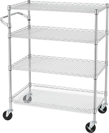 Finnhomy 4 Tier Heavy Duty Commercial Grade Rolling Cart with Handle Bar, Metal Wire Utility Cart with Wheels, Kitchen Service Trolley on Wheels, Shelf Size 18" D x 36" W, NSF, Chrome
