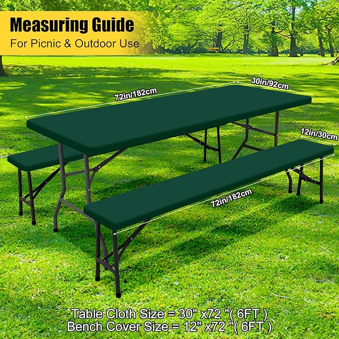 Smiry Picnic Table Cover with Bench Covers, Waterproof Elastic Fitted Polyester Tablecloths for 6 Ft Rectangle Tables, Washable Windproof Tablecloth for Camping, Outdoor (Hunter Green, 30x72 Inches)