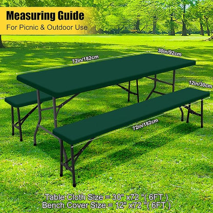 Smiry Picnic Table Cover with Bench Covers, Waterproof Elastic Fitted Polyester Tablecloths for 6 Ft Rectangle Tables, Washable Windproof Tablecloth for Camping, Outdoor (Hunter Green, 30x72 Inches)