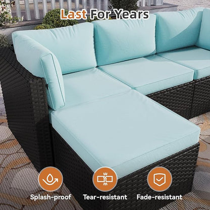 Aoxun Patio Furniture Set 5-Piece, Outdoor Sectional Sofas with Washable Cushion, Wicker Rattan Patio Conversation Sets for Backyard Porch and Poolside, Mint Blue