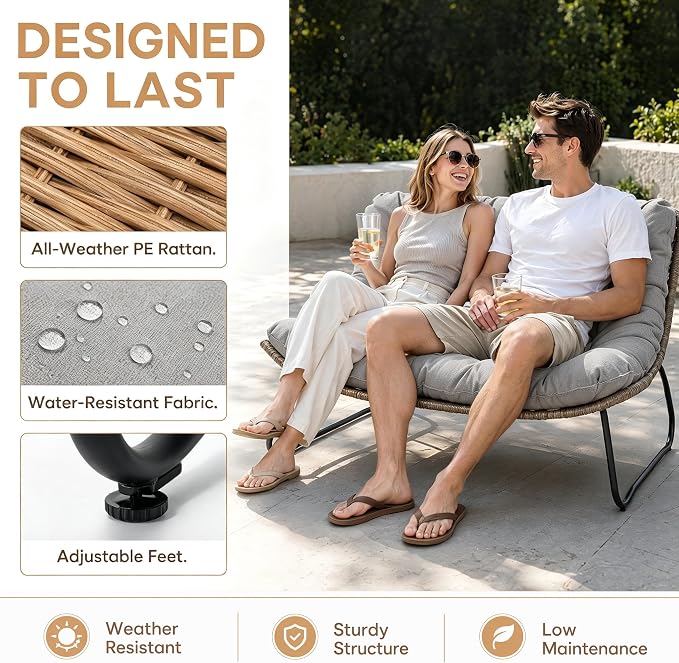 Outdoor Loveseat 2-Seat Wicker Rattan Boho Patio Sofa Grey 2PC | 53"x36"x30", 13" seat height. 4" thick cushions, 1000lb cap. All-weather PE rattan, rust-proof frame. Grey, 2PC.