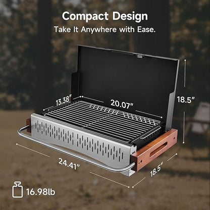 Portable Hibachi Charcoal Grill for Outdoor Camping, No Assembly BBQ Grill with Stainless Steel Grate, Height Adjustable Foldable Grill for Beach and Patio