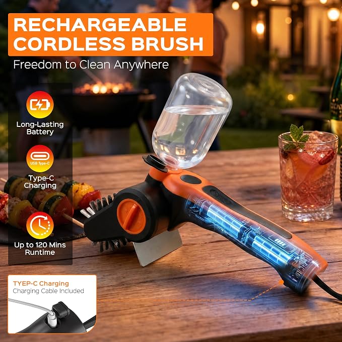 Electric Grill Brush, 100W High Torque Motor BBQ Cleaner with 300ml Water Spray,IPX8 Waterproof & Heat-Resistant, 2-Speed Rechargeable for Gas Charcoal Grill, Includes Scraper & Carry Case