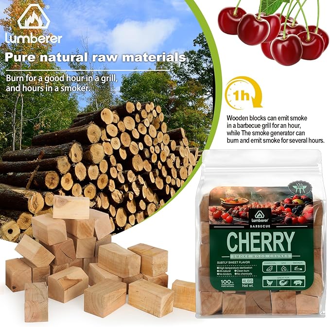 Lumberer Cherry Wood Smoking Chunks – 100% Natural Hardwood – Subtly Sweet Smoke for Poultry & Pork – Long Burn Time, Clean & Chemical-Free – 4LBS